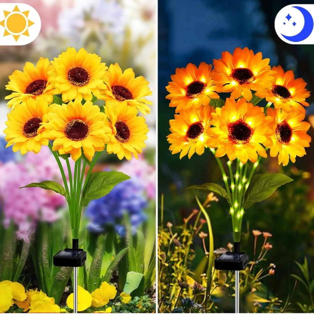 Solar-Powered Sunflower Garden Lights 4 Pack 24 Sunflower Lights,